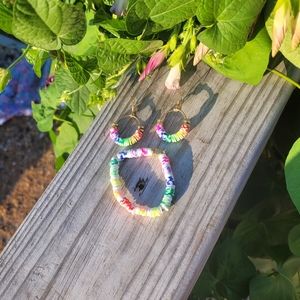 Rainbow & Gold Clay Bead Earring And Bracelet Set